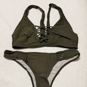 Cupshe Olive Green Strappy Halter Bikini Set